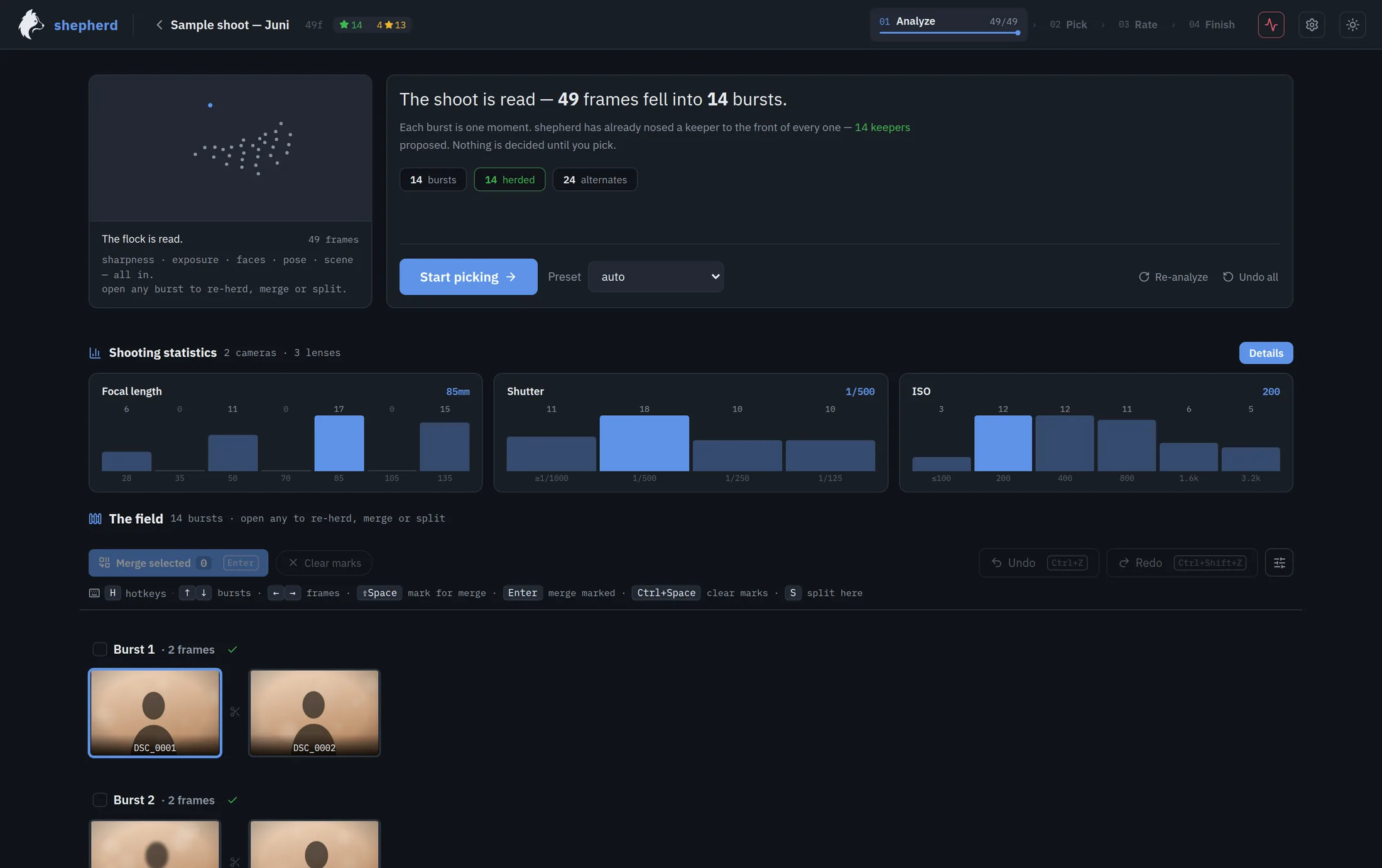 The shepherd app after reading a shoot: 49 frames sorted into 14 bursts, shooting statistics for focal length, shutter and ISO, and the first bursts laid out below.